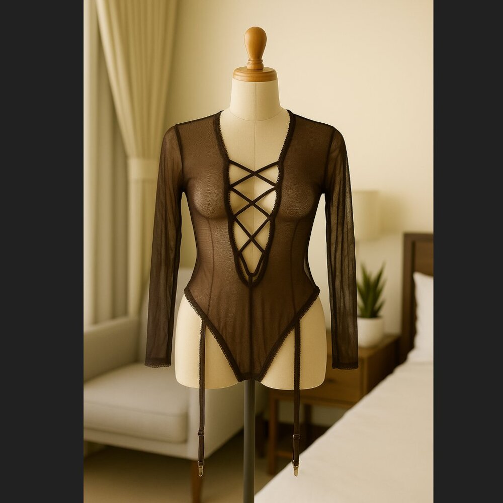 Fredericks Hollywood Mesh Teddy M Brown Lola Sheer Lace Up Garter Lingerie Sexy